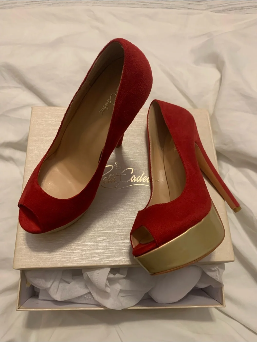 Red Suede Peep-Toe Platform Pumps with Gold Accent